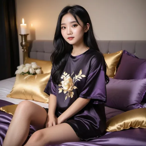 Prompt: cute chinese girl with long silky black hair wearing oversized black double layered satin t-shirt, short sleeve, sitting on bed, gold and purple puffy satin blanket with floral print, satin pillows, silky soft and shiny, soft candle lighting, gold satin lining