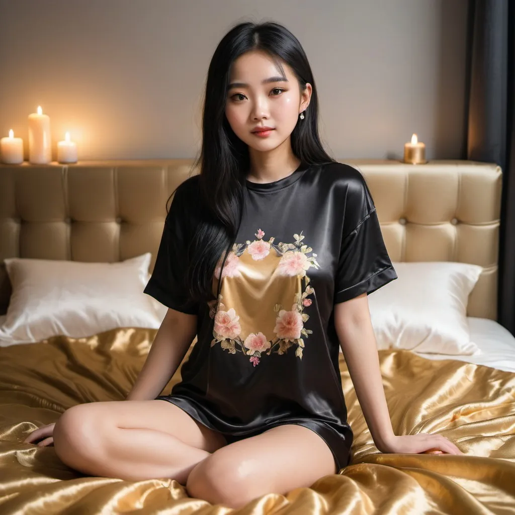 Prompt: cute chinese girl with long silky black hair wearing oversized black double layered satin t-shirt, short sleeve, sitting on bed, gold puffy satin blanket with floral print, satin pillows, silky soft and shiny, soft candle lighting, gold satin lining