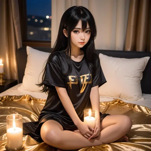 Prompt: cute anime girl with long silky black hair wearing oversized  double layered satin t-shirt, short sleeve, sitting on bed, gold satin blanket, satin pillows, silky soft and shiny, soft candle lighting