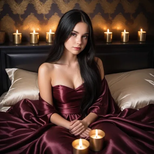 Prompt: cute girl with long silky black hair sitting on satin bed, dark cherry puffy satin blanket, satin pillows, silky soft and shiny, soft candle lighting, gold satin lining