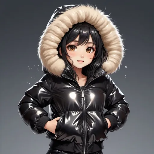 Prompt: cute long black hair anime girl with tan skin in shiny black puffer jaket with fur on hood, dancing, slimy, fluffy, soft, tickly