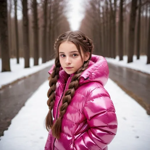 Prompt: cute european girl in shiny light deep pink puffer jacket, long brown hair, twin braids, head to toe