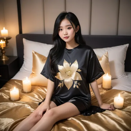 Prompt: cute chinese girl with long silky black hair wearing oversized black double layered satin t-shirt, short sleeve, sitting on bed, gold puffy satin blanket with floral print, satin pillows, silky soft and shiny, soft candle lighting, gold satin lining