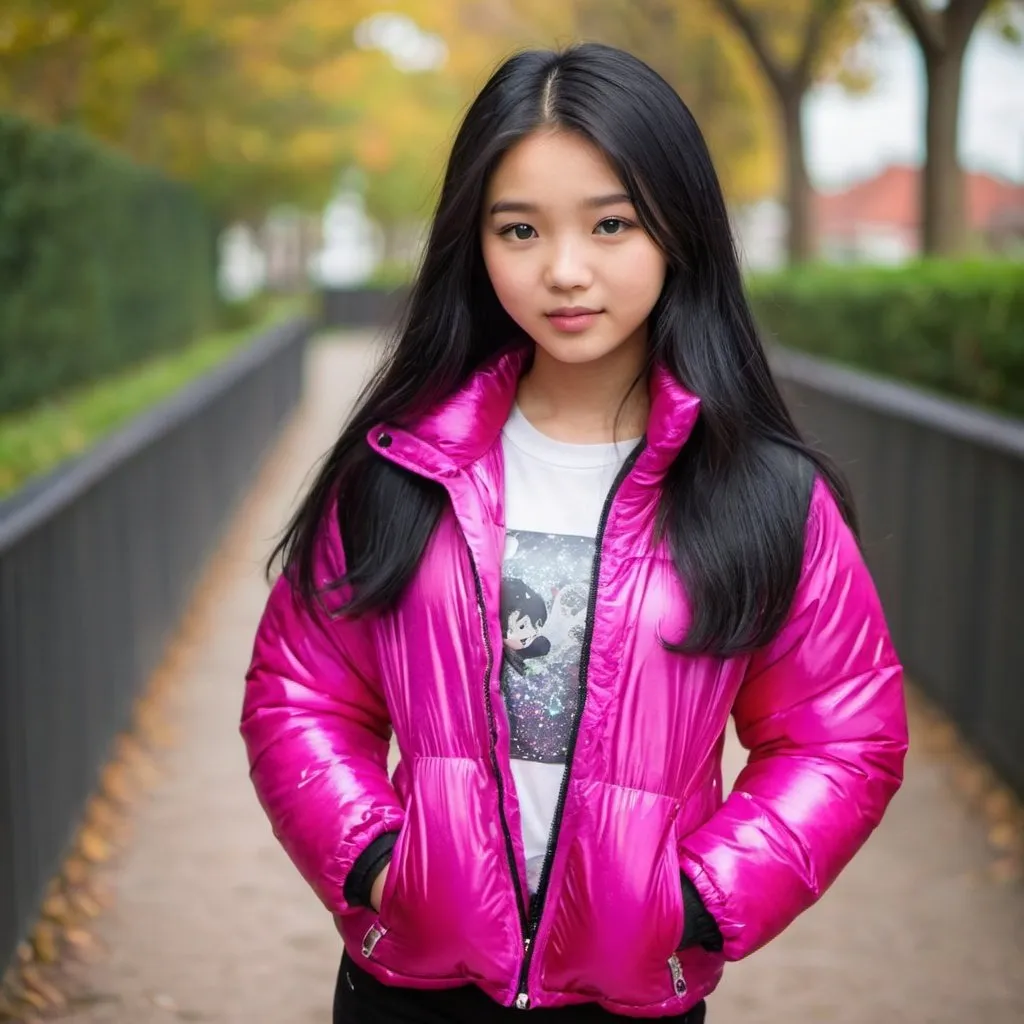 Prompt: cute teenage asian girl in Fuchsia and black shimmering nylon puffer jacket, long black hair, wearing t shirt