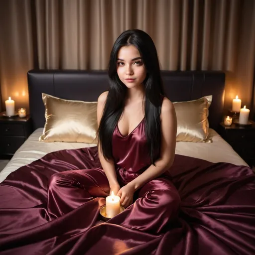 Prompt: cute girl with long silky black hair sitting on satin bed, dark cherry puffy satin blanket, satin pillows, silky soft and shiny, soft candle lighting, gold satin lining, wearing satin t shirt