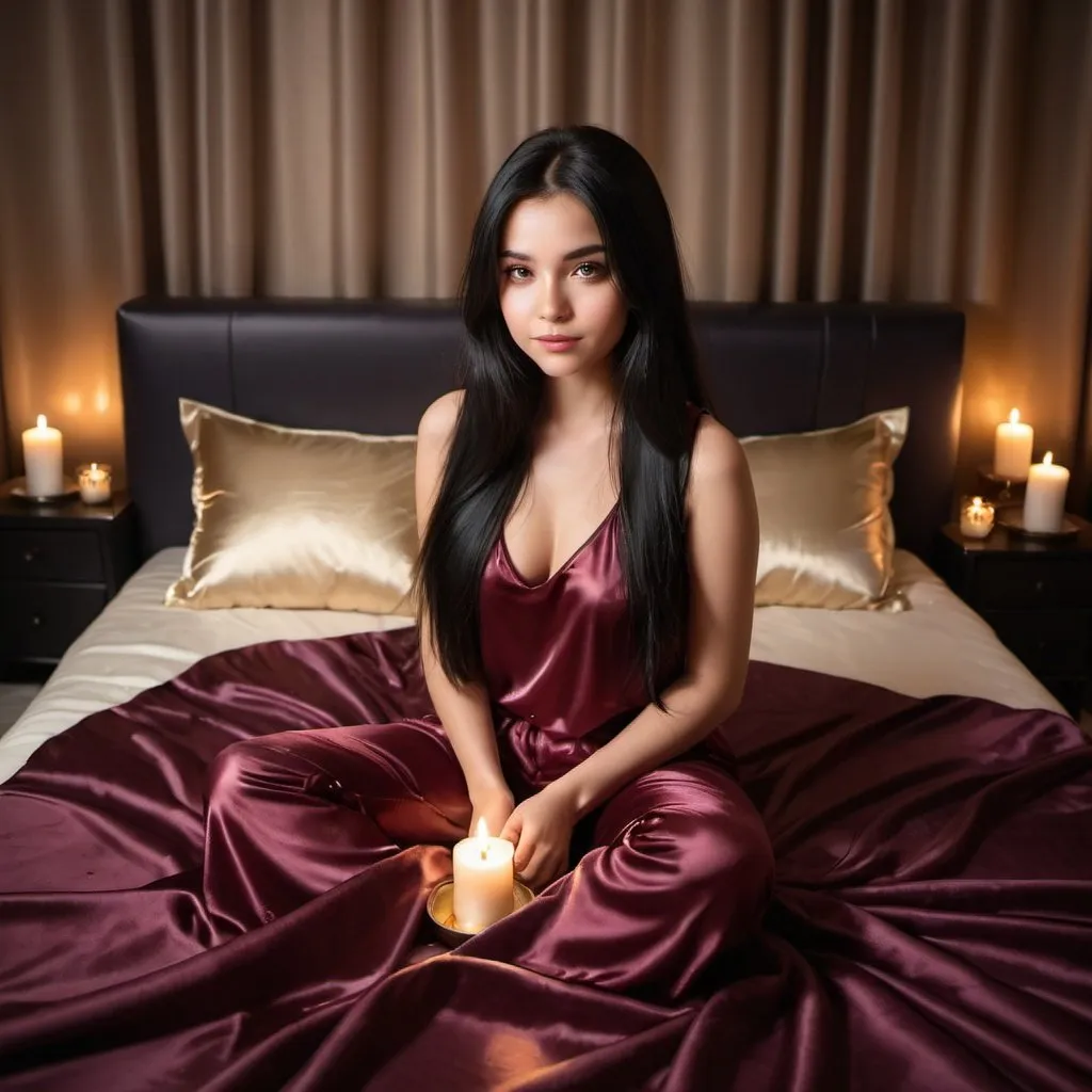 Prompt: cute girl with long silky black hair sitting on satin bed, dark cherry puffy satin blanket, satin pillows, silky soft and shiny, soft candle lighting, gold satin lining, wearing satin t shirt