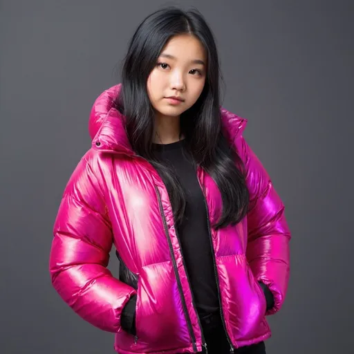 Prompt: cute teenage asian girl in Fuchsia and black shimmering nylon puffer jacket, long black hair, wearing t shirt