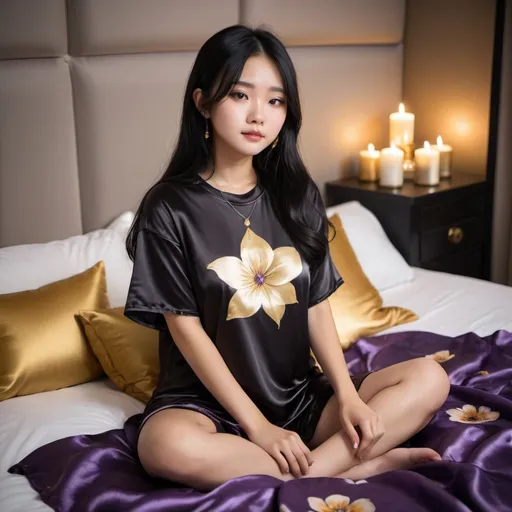 Prompt: cute chinese girl with long silky black hair wearing oversized black double layered satin t-shirt, short sleeve, sitting on bed, gold and purple puffy satin blanket with floral print, satin pillows, silky soft and shiny, soft candle lighting, gold satin lining