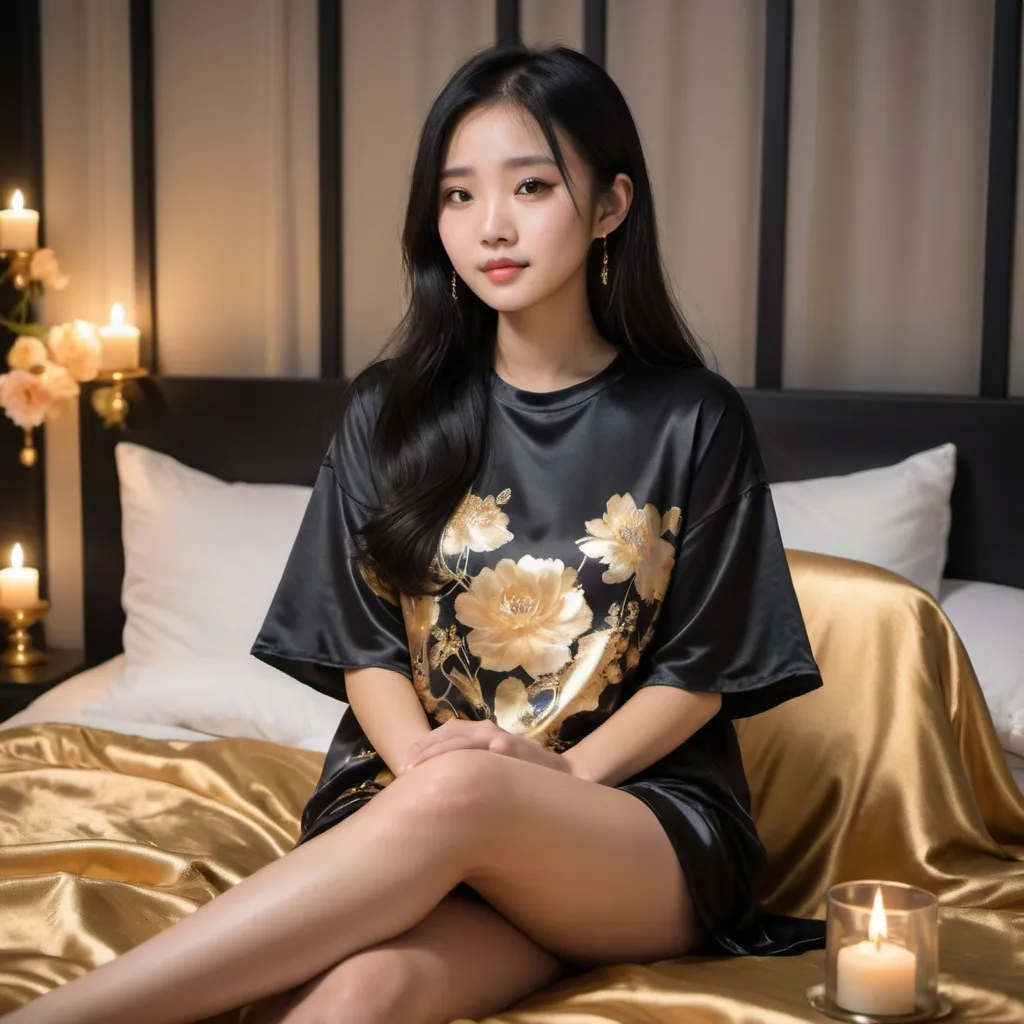 Prompt: cute chinese girl with long silky black hair wearing oversized black double layered satin t-shirt, short sleeve, sitting on bed, gold puffy satin blanket with floral print, satin pillows, silky soft and shiny, soft candle lighting, gold satin lining