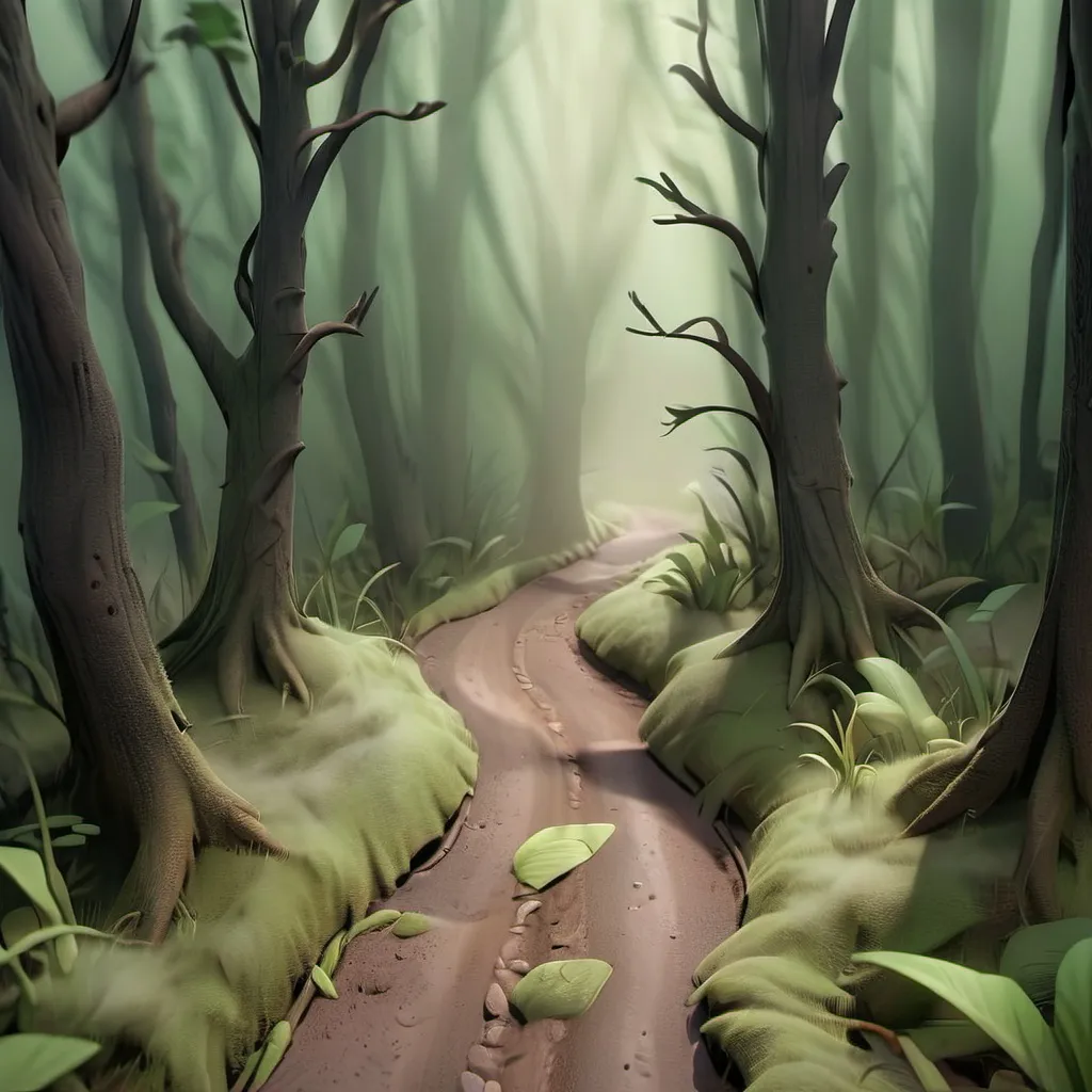 Prompt: "An aerial view of a narrow dirt road cutting through a dense, dark forest. The fog spreads across the trees, and the road appears like a winding path disappearing into the mist. The tops of the trees form a shadowy, uneven canopy."