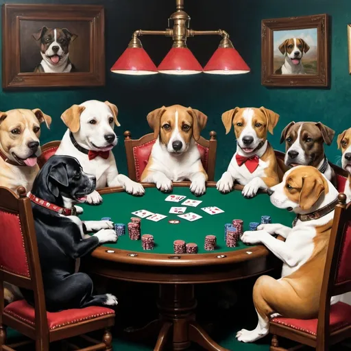 Prompt: please create a painting of dogs playing poker.
