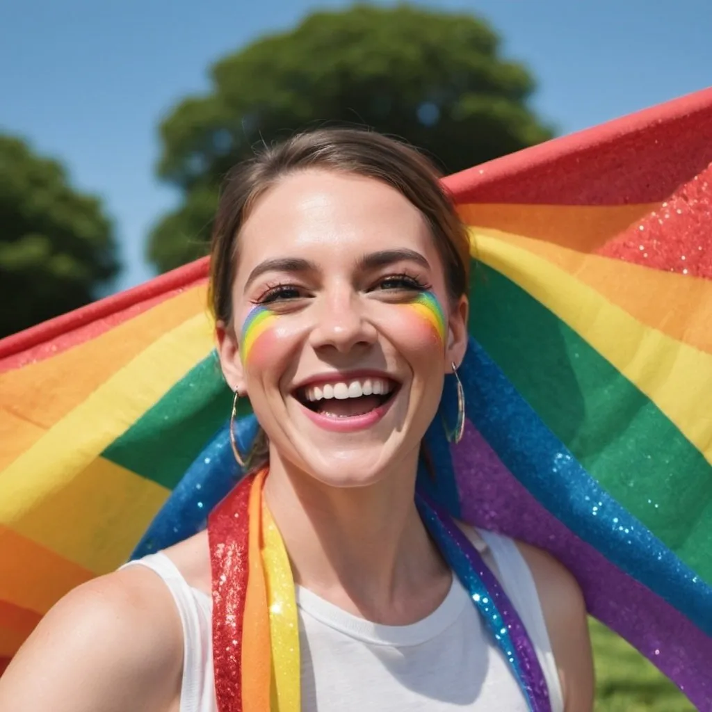 Prompt: Create a image showcasing the PRIDE month, make it happy and cheerful. and use glitter and the rainbow flag


