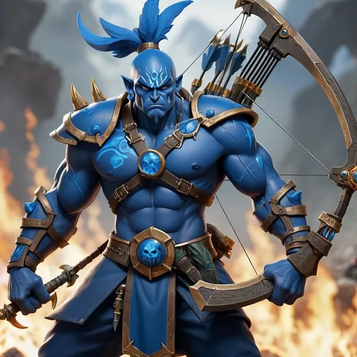 Prompt: Blue spicies similar to human but he is a warrior able to bend all 4 elements, he has a heavy crossbow on his back and a warhammer on his left hand