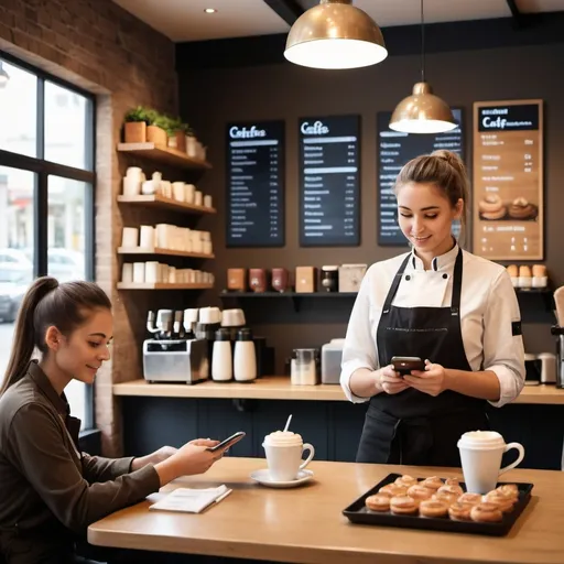 Prompt: Create an image of a cozy cafe with a modern interior. A professional cafe worker in uniform with a name tag is standing by a table, holding a smartphone and taking orders from customers who are seated. The smartphone screen displays an ordering software interface, showcasing the ease of use. The background includes coffee machines, pastries, and a menu board. The atmosphere is warm and welcoming, with a few other customers enjoying their time in the cafe. The image should be panoramic with dimensions 1080x75 or 1080x100.