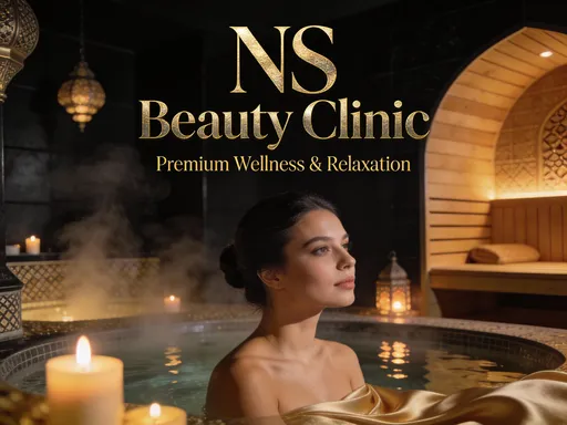 Prompt: 
Luxury beauty clinic and spa Facebook cover design, elegant black and gold color palette only, natural elegant women in a calm luxury spa environment, full spa experience including sauna steam, Moroccan bath ambiance, jacuzzi water reflections, soft candlelight glow, silk-like smooth textures, warm golden lighting, relaxing and premium wellness atmosphere, NS Beauty Clinic written in metallic gold elegant typography, classy feminine branding, high-end beauty clinic identity, cinematic composition, ultra high resolution
