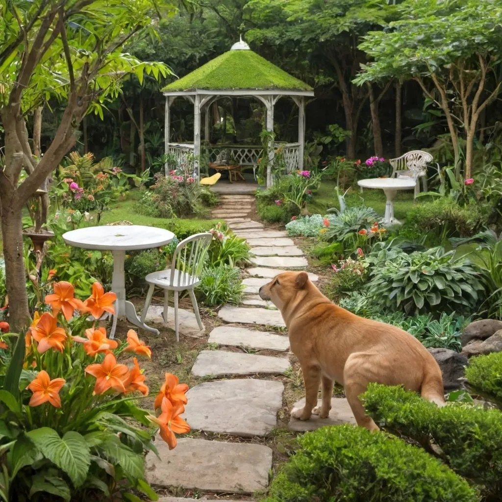 Prompt: criar um jardim com árvores, animais e flores