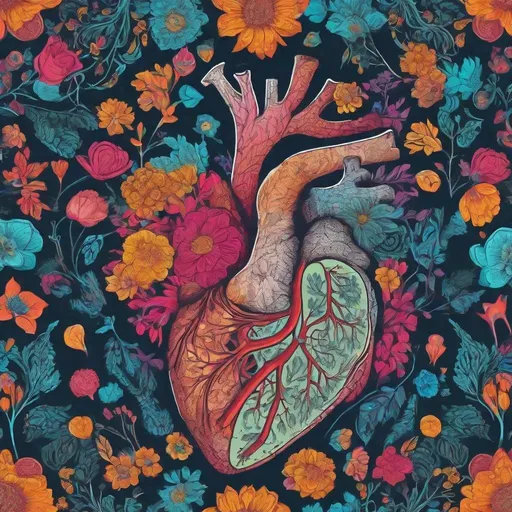 Prompt: Vector art of vibrant lungs and heart with floral, high quality, detailed, vibrant colors, floral design, vector art, anatomical illustration, heart and lungs, intricate details, professional, vibrant color palette