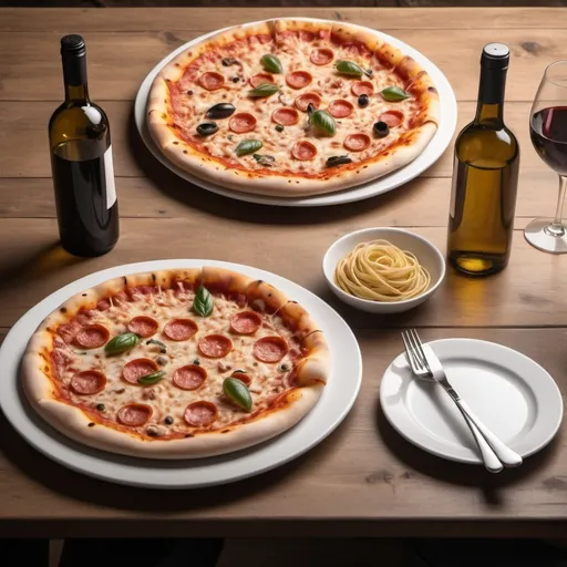 Prompt: immagine realistica come foto, tavolo ristorante con due piatti uno di pizza e uno di pasta, luce naturale sullo sfondo clientio che mangiano
