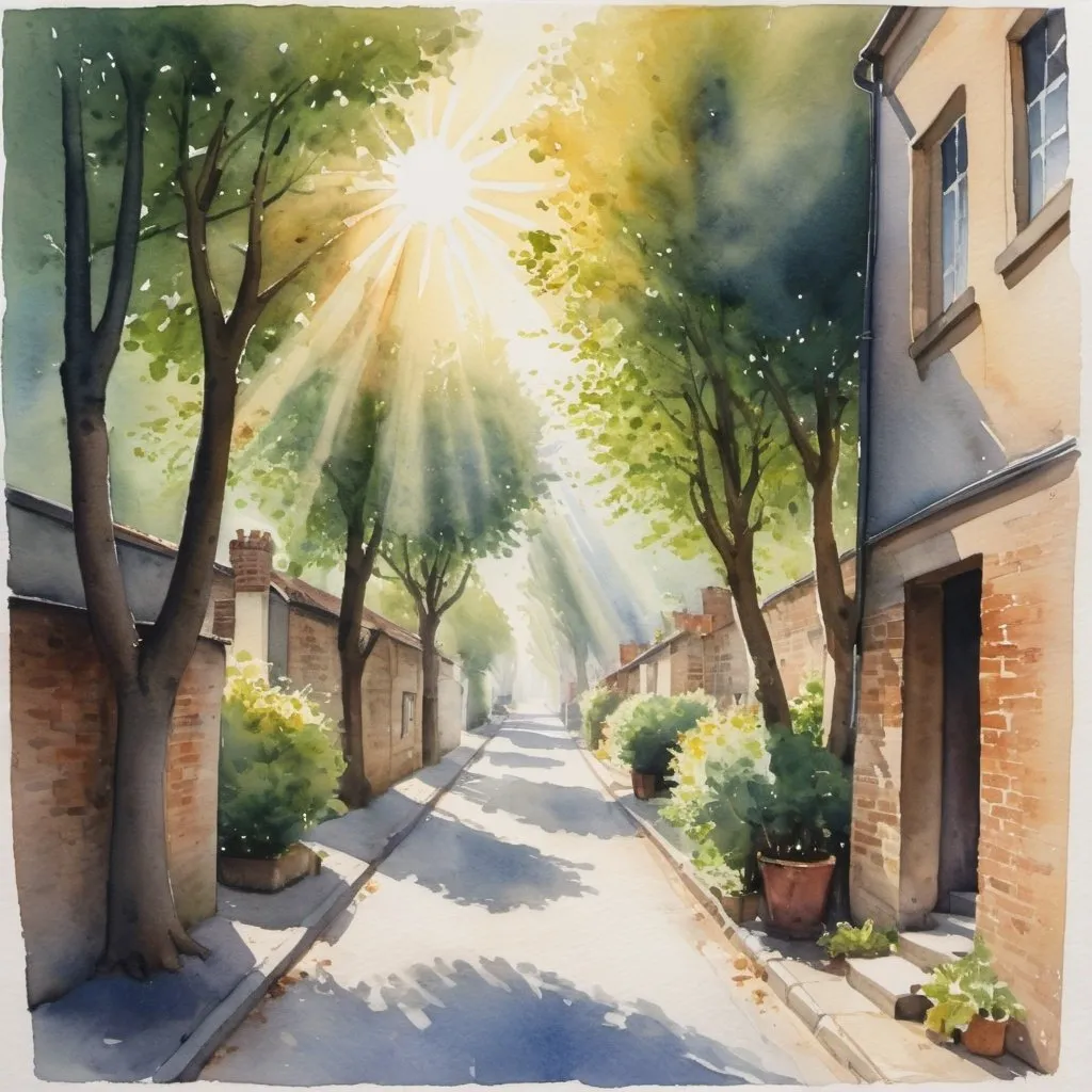 Prompt: a watercolour painting of on a sunny morning, you are walking down any small alley. on the left and right of the lane there are trees of various shapes and sizes. in between the trees there are rays of the sun