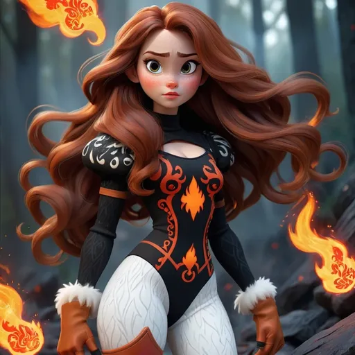 Prompt: Disney style girl with long brown hair and is white. She has frackles and is pretty. she also has fire powers. and she wears a body suit that's black with red fire patterns on it. she also has super fluffy, puffy boots that are white and black and orange