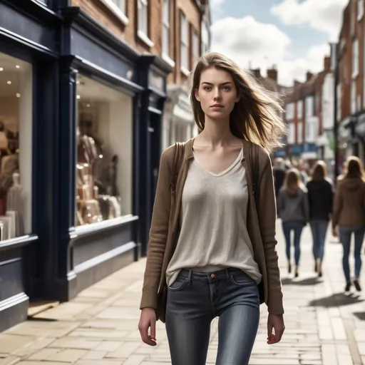 Prompt: Tall young woman walking down the high street, detailed clothing, realistic, natural lighting