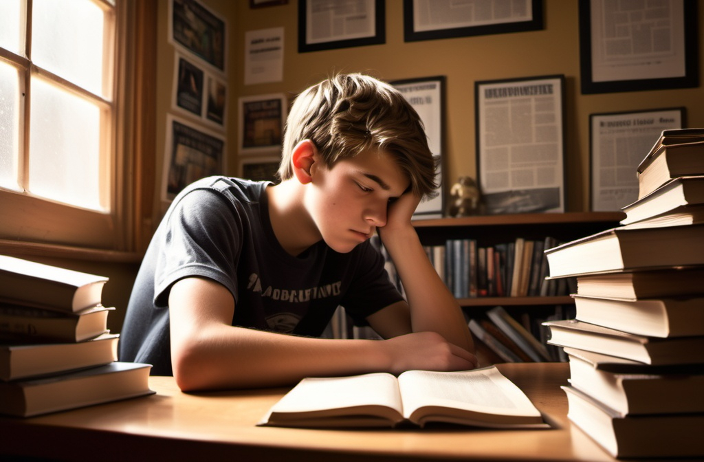 Prompt: Teenage boy, deep in thought, reflecting on struggles and aspirations, hard work represented through scattered books and a laptop, warm natural lighting casting soft shadows, conveying a mixture of determination and sorrow, in a cozy room cluttered with motivational posters, ultra-detailed, HD, capturing the essence of resilience and ambition, an inspiring atmosphere focused on his dreams.