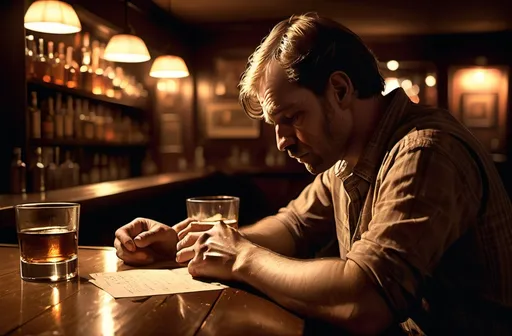 Prompt: Man with a broken heart, sitting alone at a dimly lit bar, glancing at a whiskey glass, expressions of sadness and despair on his face, warm amber glow from the overhead lights, shadows creating a somber ambiance, peeling paint on the bar walls, crumpled notes scattered on the counter, emotional, ultra-detailed, photorealistic, evocative portrayal of heartbreak, 4K quality.