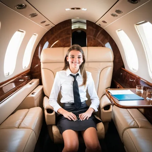 Prompt: Teenage girl flying in a luxury private jet 
