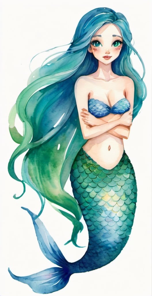 Prompt: Light watercolour, underwater world, day, colorful fish, mermaid with long blue hair and green fishtail