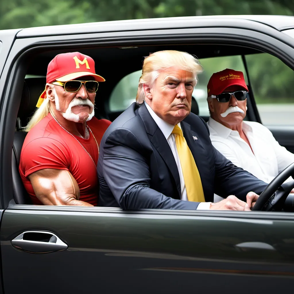 Prompt: Hulk Hogan and Donald Trump driving home togeather