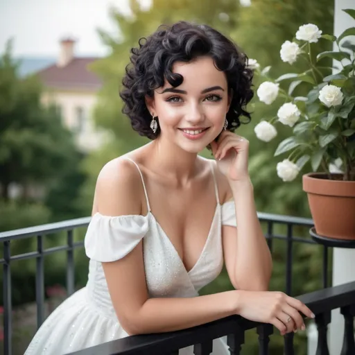 Prompt: a beautiful fashionable yound  lady with short black curl hair and black eyes, with sparkling ear ring, in white fashionable dress,   leaning on the balcony facing the garden, drinking a coffee, with smile