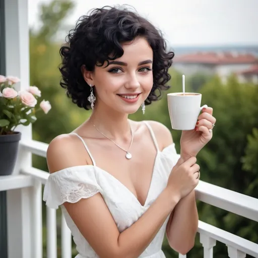 Prompt: a beautiful fashionable yound  lady with short black curl hair and black eyes, with sparkling ear ring, in white fashionable dress,   leaning on the balcony facing the garden, drinking a coffee, with smile