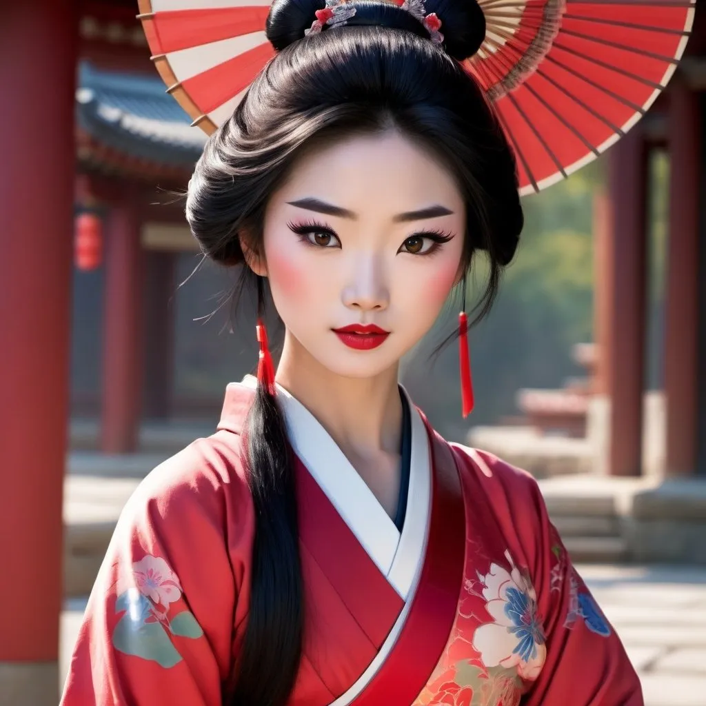 Prompt: fa mulan. real life. photographic realistic. disney. as a geisha. very pretty and young 18 years old. performing fan dance