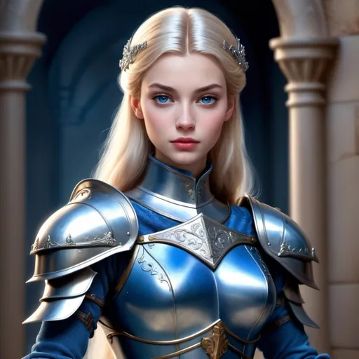 Prompt: cinderella disguised as a knight. disney. photo realistic. d&d. fully armored. face hidden. blue armor. sleek slender and very feminie. fairy symbol