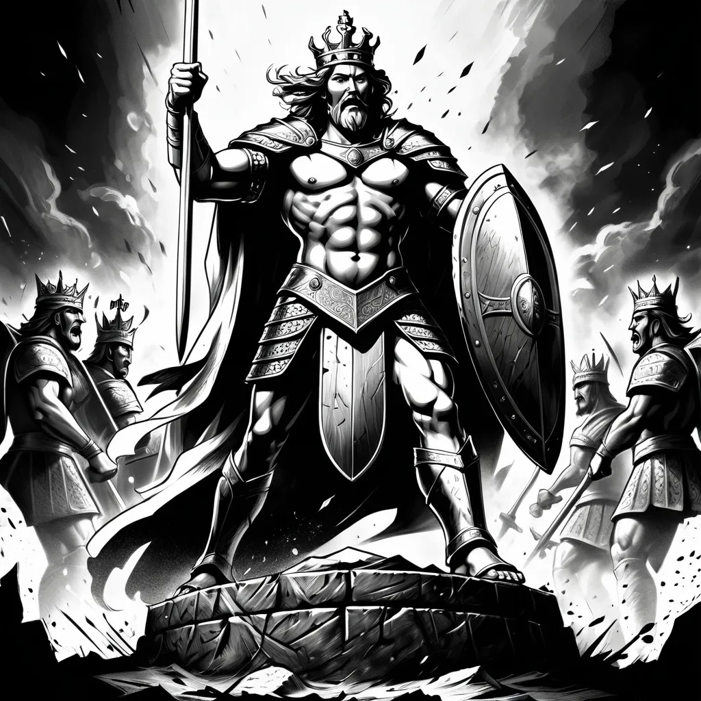 Prompt: (regal king), standing proudly, one foot on a conquered enemy's shield, fierce expression, showcasing victory, rich and bold (ink lines), high contrast, dramatic shading, reminiscent of ancient battles, surrounded by symbols of power, capturing emotion and strength, powerful ambiance, engaging background, ultra-detailed, high resolution, epic atmosphere.