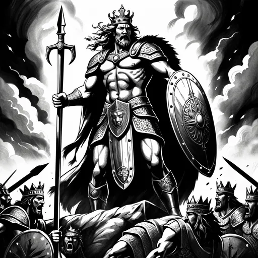 Prompt: (regal king), standing proudly, one foot on a conquered enemy's shield, fierce expression, showcasing victory, rich and bold (ink lines), high contrast, dramatic shading, reminiscent of ancient battles, surrounded by symbols of power, capturing emotion and strength, powerful ambiance, engaging background, ultra-detailed, high resolution, epic atmosphere.