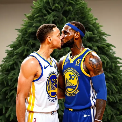 Prompt: steph curry and lebron james kissing after he makes a tree cartoon style
