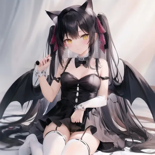 Prompt: cat ears,demon,angel,black hair,masterpiece,demon tail,angel wings,separate legs,wedding clothes,gapping_pussy,white thighhighs,torn clothes