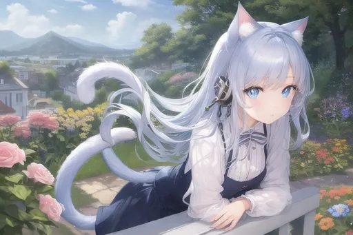 Prompt: original, (masterpiece), (illustration), (extremely fine and beautiful), perfect detailed, photorealistic, (beautiful and clear background:1.25), (depth of field:0.7), (1 cute girl with (cat ear and cat tail:1.2) stands in the garden:1.1), (cute:1.35), (detailed beautiful eyes:1.3), (beautiful face:1.3), casual, silver hair, silver ear, (blue hair:1.3), (blue ear:1.3), long hair, coat, short skirt, hair blowing with the wind, (blue eye:1.2), flowers, (little girl:0.65), butterflys flying around