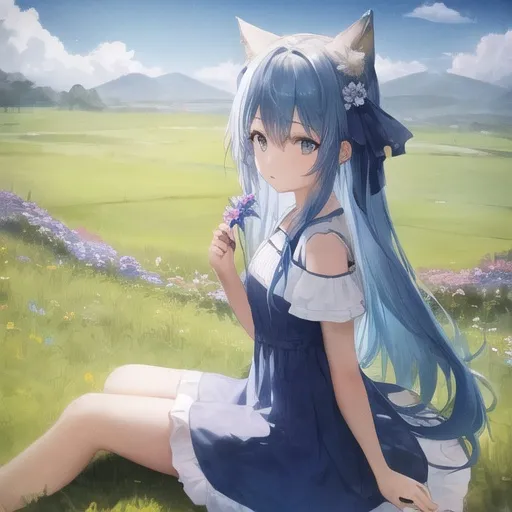 Prompt: girl in blue dress
girl with blue hair
girl sitting on grass
girl holding a flower
wolf ears
wolf tail
girl is the main
grassland scenery
nature landscape
blue sky
floral pattern
pastoral scene
idyllic scene