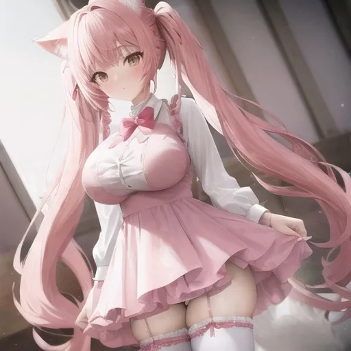 Prompt: cat ear，pink hair,masterpiece，a girl,white thighhighs，standing on side，twintails，red evening gown，dress，shy，zettai ryouiki,huge_tits,cat tail,no_panties,ass_visible through thighs