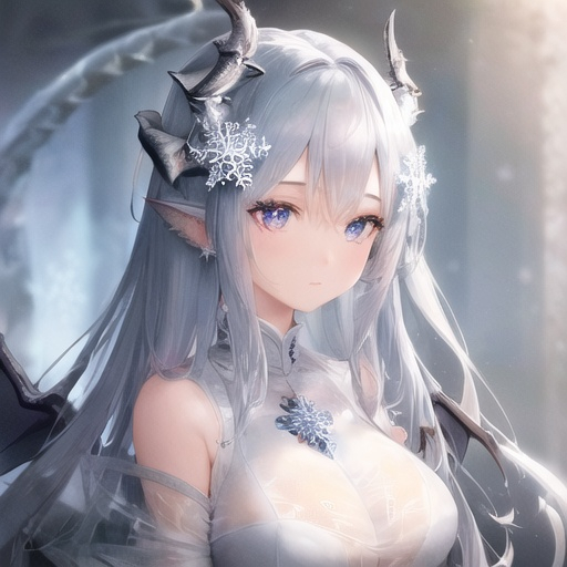 Prompt: ((best quality)), ((masterpiece)), ((ultra-detailed)), extremely detailed CG, (illustration), ((detailed light)), (an extremely delicate and beautiful), a girl, solo, ((upper body,)), ((cute face)), expressionless, (beautiful detailed eyes), blue dragon eyes, (Vertical pupil:1.2), white hair, shiny hair, colored inner hair, (Dragonwings:1.4), [Armor_dress], blue wings, blue_hair ornament, ice adorns hair, [dragon horn], depth of field, [ice crystal], (snowflake), [loli], [[[[[Jokul]]]]]