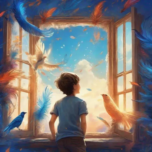 Prompt: Fantasy illustration of a bird flying in a vibrant blue sky, a boy gazing at the bird from a window, detailed feathers and wings, magical atmosphere, dreamy fantasy style, soft and warm lighting, vibrant colors, highres, ultra-detailed, fantasy, dreamy, detailed feathers, magical, vibrant colors, dreamy lighting, vivid atmosphere, detailed boy, colorful sky, captivating