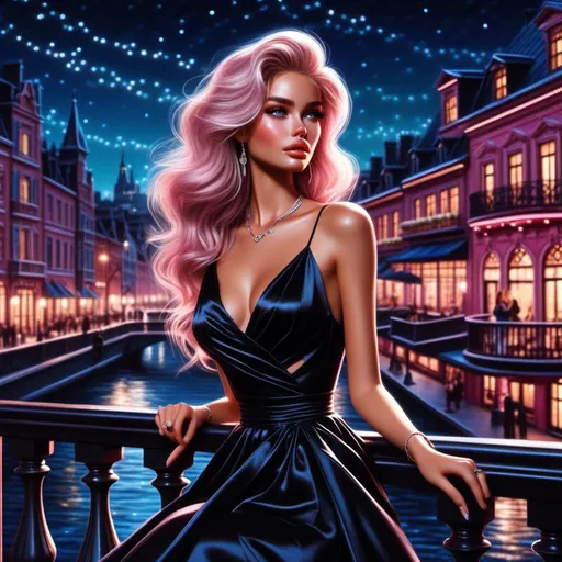 Prompt: <mymodel>(mymodel) Standing on a balcony, (hair blowing in the wind), (night time), a breathtaking starry sky illuminated by vibrant (aurora lights), wearing an elegant (black dress) that flows beautifully, with a serene atmosphere that evokes a sense of wonder, ultra-detailed, high-quality, ethereal ambiance.