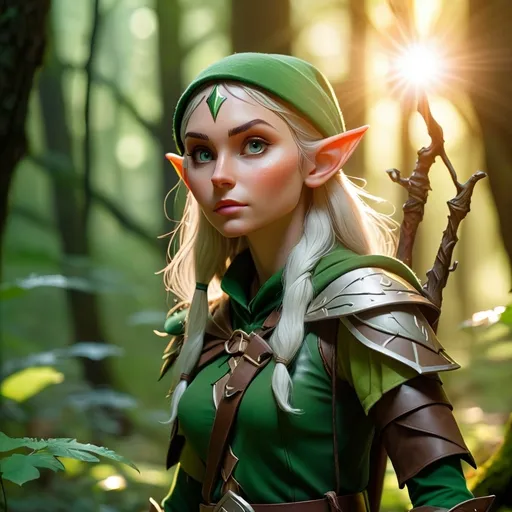 Prompt: Elf ranger in a mystical forest around sunlight