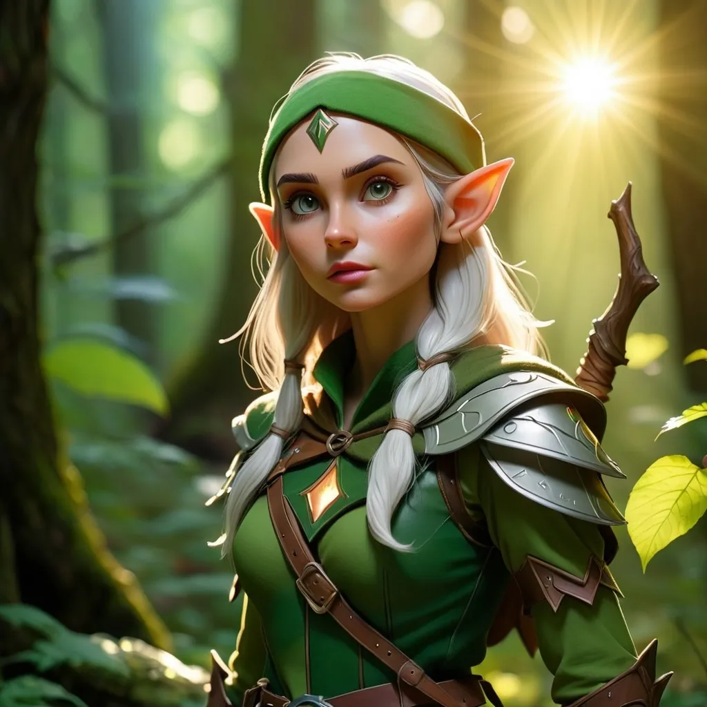 Prompt: Elf ranger in a mystical forest around sunlight