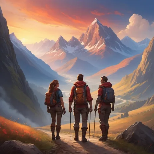 Prompt: (fantasy character design) male and female heroes, poised and confident, dressed in hiking attire, standing facing forward towards the road ahead, in a breathtaking mountainous landscape, epic peaks in the background.  Bold simmering sunset sky, a clear path leading into the unknown ahead, inspiring atmosphere, balanced composition, (highly detailed, vibrant colors), suited for online course imagery on personal and career development.