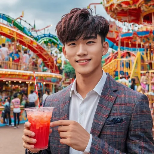 Prompt: <mymodel> photorealism,8K, happy expression on his face, Drinks with straws in an amusement park.,hot young asian man,asian idol,20 years old,taller, very low body fat,Colorful muscle,clean jaw,big eyes,(black hair ,red streaked hair,short hair style,have bangs), fullbody, pendants,luxurious tight-fitting plaid suit