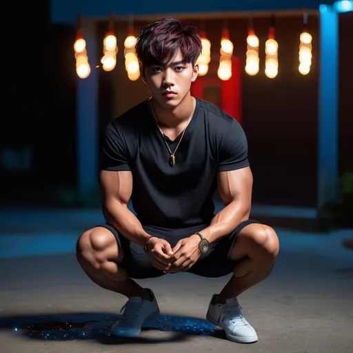 Prompt: photorealism,8K,
Squatting at night with a sparkler in his hand,from front,
hot young asian man,asian idol,20 years old,
clean jaw,big eyes,(black hair ,red streaked hair,short hair style,have bangs),
taller, very low body fat,muscle,
fullbody,
pendants,luxuriou scasual clothing