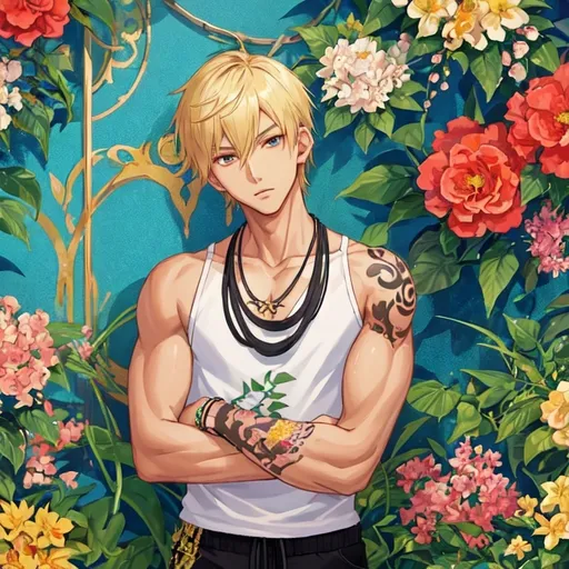 Prompt: Looking at viewer, POV shot, very tall, tattoos all over body, tanned skin, slender, muscular young Japanese looking man, blonde, very short hair, wearing flashy necklace, plants, leaning against wall,

White floral tank top, black floral cargo trousers, black sneakers,

Upper body, various poses, dynamic angles,